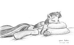 Size: 1800x1100 | Tagged: alicorn, anatomically incorrect, artist:rockhoppr3, bed, derpibooru import, eyes closed, female, hug, incorrect leg anatomy, laying on bed, lying down, monochrome, on bed, pillow, pillow hug, safe, semi-anthro, sleeping, solo, twilight sparkle, twilight sparkle (alicorn)