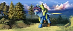 Size: 1280x554 | Tagged: safe, artist:klarapl, derpibooru import, oc, unofficial characters only, pegasus, pony, unicorn, bracelet, clothes, eyes closed, female, forest, gift art, hiking, jewelry, lake, male, mare, matching outfits, no mane, no tail, oc x oc, pillow, scenery, shipping, shoes, sleeping, stallion, straight, stubble, tree