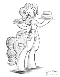 Size: 1024x1304 | Tagged: safe, artist:rockhoppr3, derpibooru import, pinkie pie, earth pony, semi-anthro, apron, barbie doll anatomy, cake, clothes, cupcake, featureless crotch, food, monochrome, plate, solo