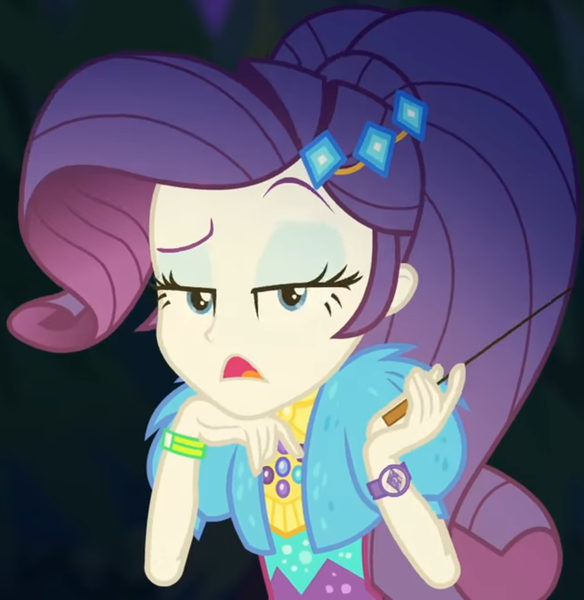 Size: 942x967 | Tagged: safe, derpibooru import, screencap, rarity, equestria girls, equestria girls series, sunset's backstage pass!, spoiler:eqg series (season 2), clothes, coat, cropped, cute, dress, female, fur, fur coat, geode of shielding, jewelry, judgemental, lidded eyes, magical geodes, night, outdoors, ponytail, raised eyebrow, raribetes, short sleeves, sitting, stick, wristband