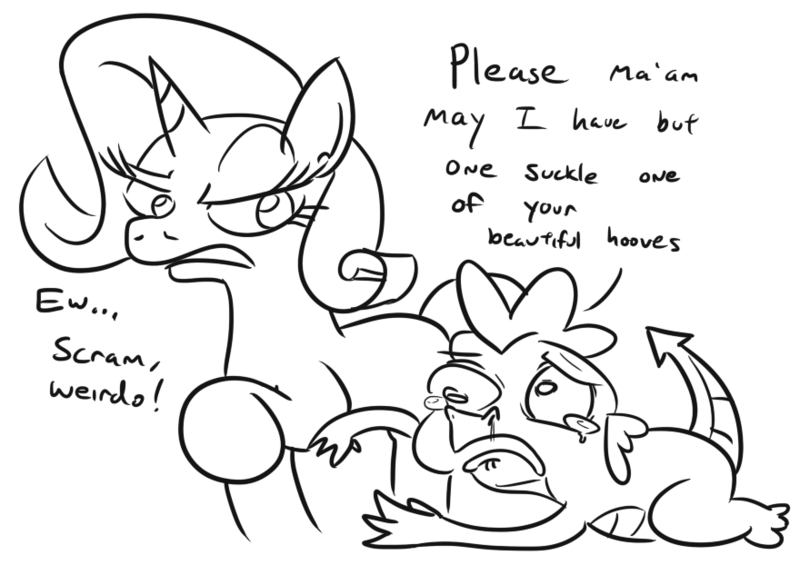 Size: 880x622 | Tagged: suggestive, artist:jargon scott, derpibooru import, rarity, spike, dragon, pony, unicorn, crying, dialogue, female, fetish, hoof fetish, male, mare, monochrome, simp