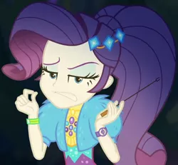 Size: 1040x963 | Tagged: safe, derpibooru import, screencap, rarity, equestria girls, equestria girls series, sunset's backstage pass!, spoiler:eqg series (season 2), clothes, coat, cropped, cute, dress, female, forest background, fur, fur coat, geode of shielding, jewelry, judgemental, lidded eyes, magical geodes, night, outdoors, ponytail, raribetes, short sleeves, sitting, stick, wristband