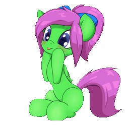 Size: 1280x1280 | Tagged: safe, artist:an-m, derpibooru import, oc, oc:zippy sparkz, unofficial characters only, pegasus, pony, animated, blinking, blushing, bow, cute, green coat, green fur, hair bow, mlem, pegasus oc, pink hair, pink mane, pink tail, ponytail, silly, simple background, sitting, tongue out, white background, wings