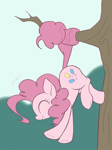 Size: 1535x2048 | Tagged: safe, artist:noupu, derpibooru import, pinkie pie, earth pony, pony, cute, diapinkes, eyes closed, female, image, jpeg, mare, prehensile tail, profile, smiling, solo, tail, tail pull, tree, tree branch