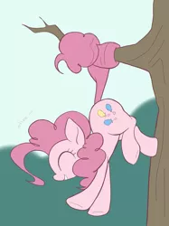 Size: 1535x2048 | Tagged: safe, artist:noupu, derpibooru import, pinkie pie, earth pony, pony, cute, diapinkes, eyes closed, female, image, jpeg, mare, prehensile tail, profile, smiling, solo, tail, tail pull, tree, tree branch