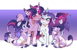 Size: 5100x3300 | Tagged: safe, artist:earthsong9405, deleted from derpibooru, derpibooru import, edit, rarity, twilight sparkle, twilight sparkle (alicorn), oc, oc:amethyst, oc:lavender, alicorn, bat pony, bat pony alicorn, pony, unicorn, bat wings, blaze (coat marking), blushing, chest fluff, cloven hooves, colored hooves, commission, cropped, family, female, filly, foal, horn, kiss on the cheek, kissing, laughing, leonine tail, lesbian, magical lesbian spawn, mare, nuzzling, offspring, one eye closed, parent:rarity, parent:twilight sparkle, parents:rarilight, piebald coloring, rarilight, shipping, socks (coat marking), species swap, unshorn fetlocks, wing claws, wings