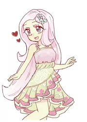 Size: 1494x2091 | Tagged: safe, artist:nemucure, derpibooru import, fluttershy, equestria girls, legend of everfree, blushing, camp fashion show outfit, clothes, cute, dress, heart, no pupils, open mouth, pixiv, shyabetes, simple background, solo, white background