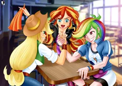 Size: 1414x1000 | Tagged: safe, artist:lord--opal, derpibooru import, applejack, rainbow dash, sunset shimmer, human, equestria girls, arm wrestling, boots, classroom, clothes, compression shorts, cowboy hat, denim skirt, freckles, hat, human coloration, jacket, leather, leather jacket, miniskirt, shoes, shorts, skirt, stetson