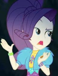 Size: 834x1080 | Tagged: safe, derpibooru import, screencap, rarity, equestria girls, equestria girls series, sunset's backstage pass!, spoiler:eqg series (season 2), clothes, coat, cropped, cute, dress, female, fur, fur coat, geode of shielding, jewelry, magical geodes, night, outdoors, ponytail, raised eyebrow, raribetes, sassy, short sleeves, sitting, stick, wristband