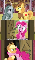 Size: 1280x2160 | Tagged: safe, derpibooru import, edit, edited screencap, screencap, applejack, braeburn, marble pie, pinkie pie, pony, pinkie apple pie, barn, braeble, caption, confused, cousins, excited, female, hat, hug, huh, looking at each other, male, mare, pinkie logic, reaction, shipper on deck, shipper pie, shipping, shipping fuel, smiling, straight