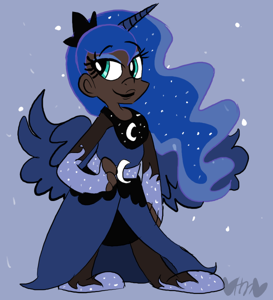 Size: 727x800 | Tagged: alicorn humanization, artist:mirabuncupcakes15, bedroom eyes, belt, blue background, clothes, crown, dark skin, derpibooru import, dress, evening gloves, eyeshadow, female, fingerless elbow gloves, fingerless gloves, flats, gloves, horn, horned humanization, human, humanized, jewelry, long gloves, makeup, princess luna, regalia, safe, shoes, simple background, skirt, socks, solo, stockings, thigh highs, winged humanization, wings