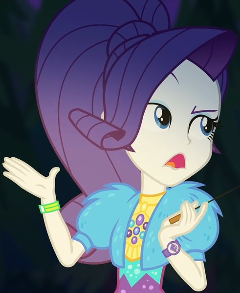 Size: 884x1080 | Tagged: safe, derpibooru import, screencap, rarity, equestria girls, equestria girls series, sunset's backstage pass!, spoiler:eqg series (season 2), clothes, coat, cropped, cute, dress, female, forest background, fur, fur coat, geode of shielding, jewelry, magical geodes, night, ponytail, raised eyebrow, raribetes, sassy, short sleeves, sitting, stick, wristband