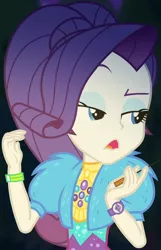 Size: 665x1031 | Tagged: safe, derpibooru import, screencap, rarity, equestria girls, equestria girls series, sunset's backstage pass!, spoiler:eqg series (season 2), clothes, coat, cropped, cute, dress, female, forest background, fur, fur coat, geode of shielding, jewelry, magical geodes, night, outdoors, ponytail, raised eyebrow, raribetes, sassy, sitting, stick, wristband