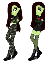 Size: 3560x4329 | Tagged: safe, artist:alphajunko, derpibooru import, oc, oc:white lilly, unofficial characters only, icey-verse, equestria girls, belt, boots, camouflage, clothes, commission, crossed arms, ear piercing, earring, equestria girls-ified, eyebrow piercing, eyeshadow, female, fingerless gloves, fishnet clothing, gloves, hoodie, jacket, jewelry, leather jacket, lip piercing, magical lesbian spawn, makeup, midriff, nose piercing, offspring, pants, parent:applejack, parent:strawberry sunrise, parents:applerise, piercing, shirt, shoes, short shirt, shorts, simple background, skull, socks, solo, stockings, t-shirt, thigh highs, transparent background