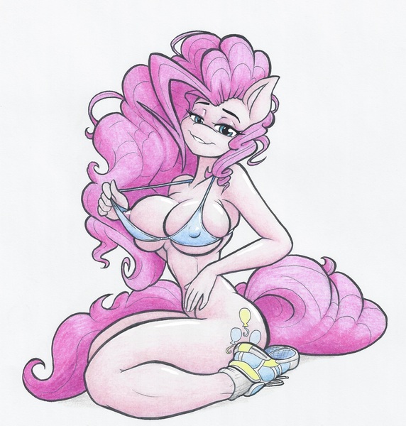 Size: 4125x4325 | Tagged: questionable, artist:flicker-show, derpibooru import, pinkie pie, anthro, earth pony, plantigrade anthro, bedroom eyes, big breasts, bikini, bikini top, bottomless, breast overpour, breasts, busty pinkie pie, clothes, erect nipples, female, looking at you, mare, nipple outline, nipples, nudity, partial nudity, shoes, solo, solo female, swimsuit, traditional art
