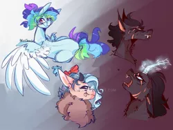 Size: 1280x960 | Tagged: safe, artist:akiiichaos, derpibooru import, oc, oc:citrus, oc:ivy, oc:vulcan, unofficial characters only, draconequus, pegasus, pony, unicorn, fangs, female, magic, male, mare, stallion