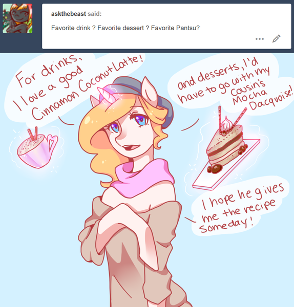 Size: 956x1000 | Tagged: safe, artist:missmaeko, derpibooru import, oc, oc:strawberry swirl, unofficial characters only, unicorn, beret, cake, clothes, coffee, coffee cup, cup, female, food, hat, magic, mare, scarf, shirt, solo, swirlycafe