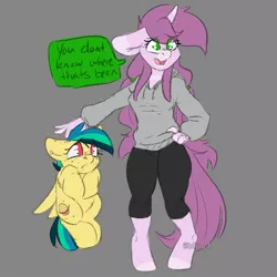 Size: 2000x2000 | Tagged: safe, artist:spoopygander, derpibooru import, oc, oc:apogee, oc:mulberry tart, anthro, pegasus, pony, unguligrade anthro, unicorn, anthro with ponies, clothes, female, filly, mare, petting, talking