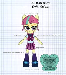 Size: 2434x2797 | Tagged: safe, artist:darkhooves, derpibooru import, sour sweet, equestria girls, clothes, concept, crystal prep academy uniform, crystal prep shadowbolts, cute, darkhooves wastes our time, digital art, doll, equestria girls minis, freckles, graph paper, merchandise, mockup, pleated skirt, ponytail, ribbon, school uniform, shoes, skirt, smiling, socks, solo, sourbetes, stand, toy