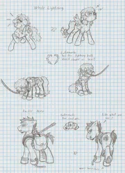 Size: 799x1112 | Tagged: safe, artist:ravenpuff, deleted from derpibooru, derpibooru import, oc, oc:white lightning, unofficial characters only, earth pony, pegasus, pony, fallout equestria, bag, card, collar, earth pony oc, female, frog (hoof), gag, graph paper, grayscale, horseshoes, leash, looking back, male, mare, monochrome, pegasus oc, presenting, raised hoof, rope gag, saddle bag, speech, stallion, talking, traditional art, underhoof, wings