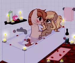 Size: 3000x2500 | Tagged: suggestive, artist:marvie69, derpibooru import, oc, oc:debonair, oc:steamwork clog, unofficial characters only, earth pony, pony, alcohol, bath, bathroom, bathtub, bedroom eyes, blushing, bottle, bubble, candle, commission, eyepatch, female, fire, freckles, glass, hug, kissing, making out, male, mare, oc x oc, open mouth, petals, rose petals, shampoo, shipping, stallion, straight, towel, water, wine, wine bottle, wine glass, ych result