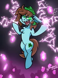 Size: 600x800 | Tagged: safe, artist:glimglam, derpibooru import, oc, oc:neko, unofficial characters only, pony, chest fluff, female, floating, gem, glowing eyes, lightning, mare, open mouth, sharp teeth, solo, teeth, unlimited power