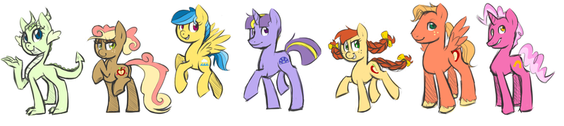 Size: 3096x692 | Tagged: safe, artist:khiroptera, derpibooru import, oc, oc:cortland, oc:gala apple, oc:honeycrisp, oc:midnight sun, oc:peridot, oc:prancer, oc:skyline, unofficial characters only, dracony, dragon, earth pony, hybrid, pegasus, pony, unicorn, braided pigtails, braided tail, colt, cutie mark, female, filly, freckles, interspecies offspring, magical lesbian spawn, male, next generation, offspring, parent:applejack, parent:big macintosh, parent:comet tail, parent:fluttershy, parent:meadow song, parent:misty fly, parent:pinkie pie, parent:pokey pierce, parent:rainbow dash, parent:rarity, parent:spike, parent:twilight sparkle, parents:applesong, parents:cometlight, parents:fluttermac, parents:mistydash, parents:pokeypie, parents:sparity, unshorn fetlocks