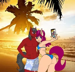 Size: 1044x1004 | Tagged: suggestive, artist:cutepony, derpibooru import, oc, unofficial characters only, anthro, earth pony, abs, ass, beach, bikini, breasts, butt, clothes, digital art, female, hoers, male, mobile phone, muscles, partial nudity, pecs, phone, selfie, shorts, smartphone, sunset, swimsuit, topless, tree