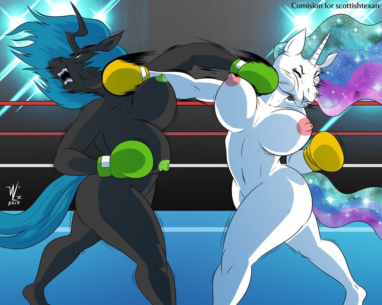 Size: 1280x1024 | Tagged: questionable, artist:beowulf100, derpibooru import, princess celestia, queen chrysalis, alicorn, anthro, changeling, changeling queen, ass, belly button, big breasts, bouncing, bouncing breasts, boxing, boxing gloves, boxing ring, breasts, busty princess celestia, busty queen chrysalis, butt, commission, cross counter, digital art, fangs, female, fight, foxy boxing, horn, knock out, nipples, nudity, punch, reversalis, sports