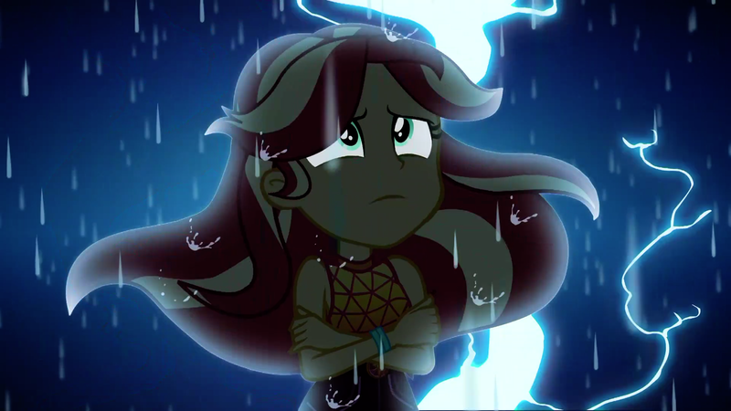 Size: 1920x1080 | Tagged: safe, derpibooru import, screencap, sunset shimmer, equestria girls, equestria girls series, let it rain, spoiler:eqg series (season 2), lightning, rain, solo