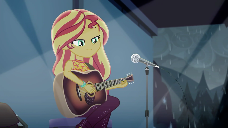 Size: 1920x1080 | Tagged: safe, derpibooru import, screencap, sunset shimmer, equestria girls, equestria girls series, let it rain, spoiler:eqg series (season 2), acoustic guitar, beautiful, cute, guitar, microphone, musical instrument, shimmerbetes, solo