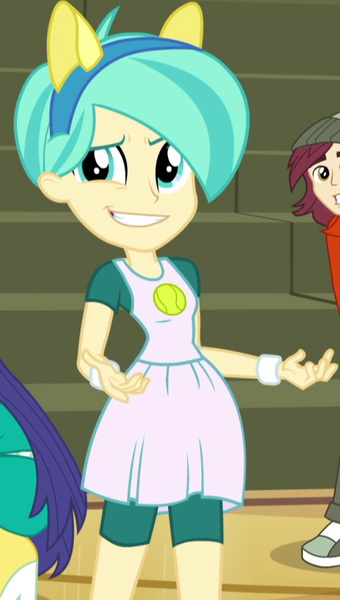 Size: 461x813 | Tagged: safe, derpibooru import, screencap, blueberry cake, normal norman, tennis match, equestria girls, friendship games, bleachers, canterlot high, clothes, compression shorts, cropped, dress, female, male, offscreen character, shorts, skirt, smiling, solo focus, wondercolt ears, wristband