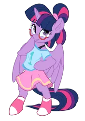 Size: 4995x7097 | Tagged: absurd resolution, alicorn, alternate hairstyle, artist:luciferamon, artist:pink1ejack, bipedal, clothes, cute, derpibooru import, ear fluff, edit, female, glasses, mare, moe, off shoulder, ponytail, raised hoof, safe, semi-anthro, shirt, shoes, simple background, skirt, smiling, socks, solo, transparent background, twiabetes, twilight sparkle, twilight sparkle (alicorn), vector