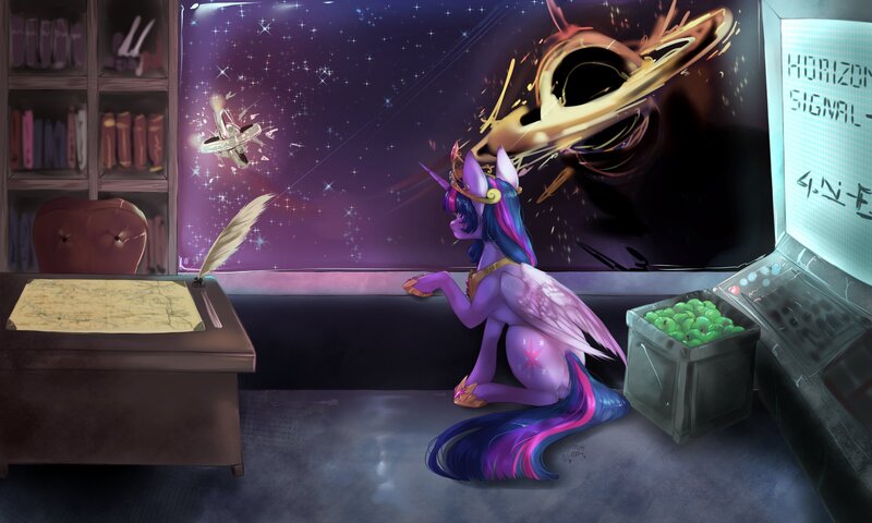 Size: 3400x2040 | Tagged: safe, artist:dream--chan, derpibooru import, twilight sparkle, twilight sparkle (alicorn), alicorn, pony, accretion disk, apple, black hole, book, bookshelf, chair, commission, crown, desk, female, food, futuristic, hoof shoes, jewelry, peytral, quill, quill pen, regalia, sitting, solo, space, stellaris