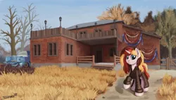 Size: 1187x673 | Tagged: safe, artist:sa1ntmax, derpibooru import, oc, oc:scarlet serenade, unofficial characters only, pony, unicorn, fallout, fallout 76, female, house, mare, pickup truck, solo, wasteland