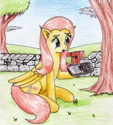 Size: 2422x2673 | Tagged: safe, artist:40kponyguy, derpibooru import, fluttershy, pegasus, pony, don't panic, ear fluff, female, gate, grass, hitchhiker's guide to the galaxy, hoof hold, mare, solo, traditional art, tree