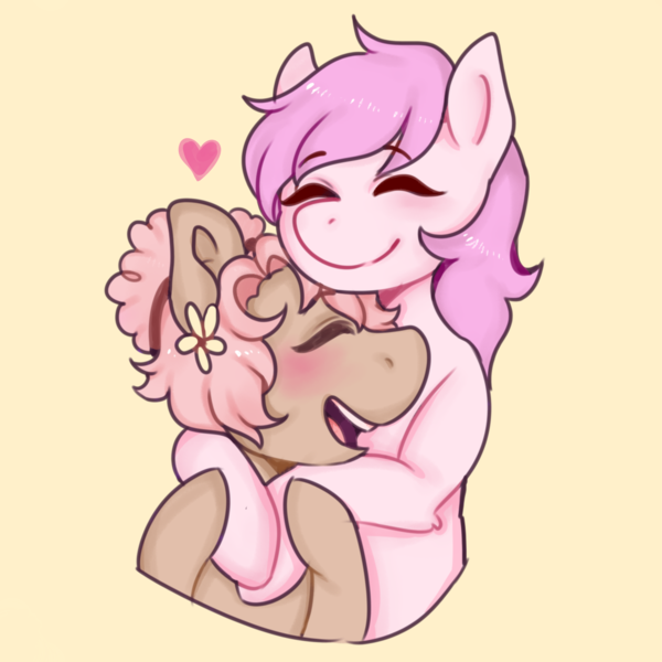 Size: 4000x4000 | Tagged: artist:poofindi, couple, cuddling, derpibooru import, female, flower, heart, kayry, laughing, lesbian, oc, oc:kayla, oc:mary jane, oc x oc, safe, shipping, smiling