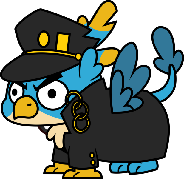 Size: 2057x2000 | Tagged: safe, artist:tentavamp, deleted from derpibooru, derpibooru import, gallus, gryphon, absurd resolution, angry, birb, chibi, clothes, cosplay, costume, crossover, eyebrows, jojo's bizarre adventure, jotaro kujo, male, meme, paws, simple background, smol, solo, talons, transparent background, vector