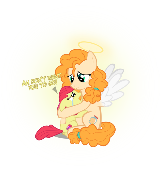 Size: 4198x4468 | Tagged: safe, artist:mrkat7214, derpibooru import, apple bloom, pear butter, earth pony, pony, absurd resolution, angelic wings, crying, dialogue, duo, feels, female, filly, halo, hug, mare, mother and child, mother and daughter, sad, simple background, teary eyes, transparent background, vector, wings