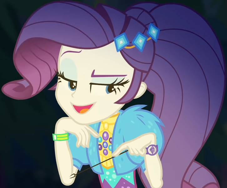 Size: 1069x884 | Tagged: safe, derpibooru import, screencap, rarity, equestria girls, equestria girls series, sunset's backstage pass!, spoiler:eqg series (season 2), clothes, coat, cropped, cute, dress, female, forest background, fur, fur coat, geode of shielding, jewelry, lidded eyes, magical geodes, night, outdoors, ponytail, raised eyebrow, raribetes, sassy, short sleeves, sitting, smiling, stick, wristband