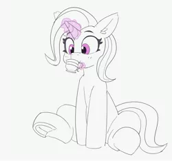 Size: 3505x3285 | Tagged: safe, artist:pabbley, derpibooru import, trixie, pony, unicorn, cup, drinking, ear fluff, female, food, frog (hoof), glowing horn, horn, magic, mare, monochrome, neo noir, partial color, simple background, sitting, smiling, solo, tea, teacup, telekinesis, that pony sure does love teacups, underhoof, white background