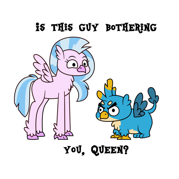 Size: 4431x4431 | Tagged: safe, artist:tentavamp, deleted from derpibooru, derpibooru import, gallus, silverstream, gryphon, hippogriff, absurd resolution, angry, caption, chibi, cute, diastreamies, eyebrows, female, gallabetes, gallstream, hooves, image macro, male, meme, paws, shipping, size difference, smol, straight, talons, text, vector