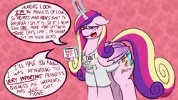 Size: 4825x2714 | Tagged: suggestive, artist:poneboning, derpibooru import, princess cadance, alicorn, pony, blatant lies, body writing, butt, clothes, coffee, coffee mug, dialogue, female, grumpy, implied cadburn, implied cadin', implied cadmac, implied gangbang, implied infidelity, implied orgy, implied sex, implied shipping, implied straight, implied sundance, implied thundance, implied zepherdance, large butt, magic, milf, mug, obvious lie is obvious, princess bitchdance, shirt, solo, suspiciously specific denial, t-shirt, tally marks, the ass was fat, writing