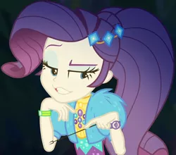 Size: 1046x922 | Tagged: safe, derpibooru import, screencap, rarity, equestria girls, equestria girls series, sunset's backstage pass!, spoiler:eqg series (season 2), clothes, coat, cropped, cute, dress, female, forest background, fur, fur coat, geode of shielding, jewelry, lidded eyes, magical geodes, music festival outfit, night, outdoors, ponytail, raised eyebrow, raribetes, sassy, short sleeves, sitting, smiling, stick, wristband