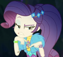 Size: 1051x944 | Tagged: safe, derpibooru import, screencap, rarity, equestria girls, equestria girls series, sunset's backstage pass!, spoiler:eqg series (season 2), clothes, coat, cropped, cute, dress, female, forest background, fur, fur coat, geode of shielding, jewelry, lidded eyes, magical geodes, night, outdoors, ponytail, raised eyebrow, raribetes, sassy, short sleeves, sitting, stick, wristband