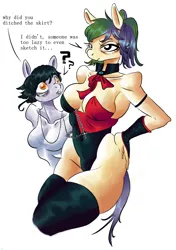 Size: 962x1365 | Tagged: alternate version, anthro, armpits, artist:pantheracantus, breasts, clothes, colored, derpibooru import, digital art, engrish, fourth wall, improper grammar, oc, oc:portal breakway, oc:ruituri nox, ponytail, ribbon, sexy, shirt, simple background, socks, suggestive, text, thigh highs, white background, wide hips