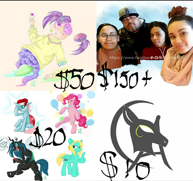 Size: 1080x1015 | Tagged: safe, derpibooru import, ocellus, pinkie pie, queen chrysalis, oc, changedling, changeling, changeling queen, earth pony, human, pony, advertisement, bust, commission info, fangs, female, irl, mare, middle feather, middle finger, photo, portrait, signature, vulgar, wing hands, wings