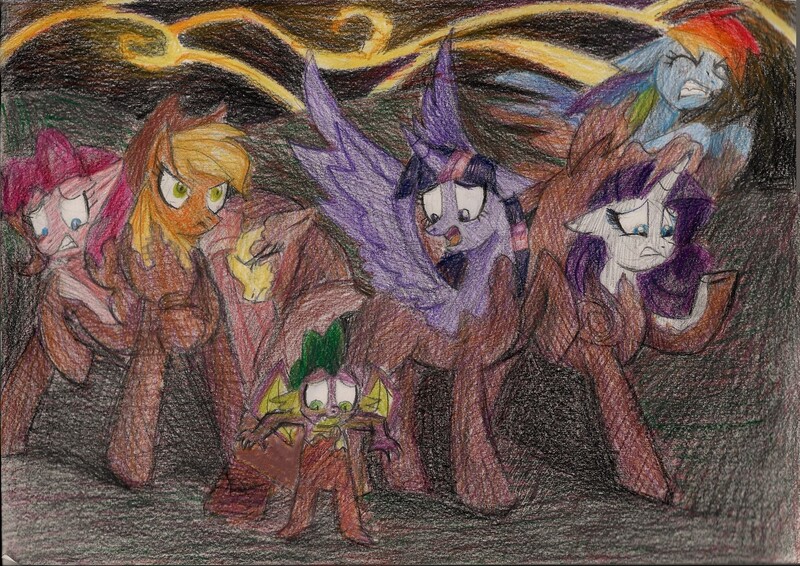 Size: 2331x1649 | Tagged: safe, artist:moonrises, derpibooru import, applejack, fluttershy, pinkie pie, rainbow dash, rarity, spike, twilight sparkle, twilight sparkle (alicorn), alicorn, dragon, earth pony, pegasus, pony, unicorn, comic:alternative ending, comic, female, male, mane seven, mane six, mare, petrification, scared, traditional art, winged spike