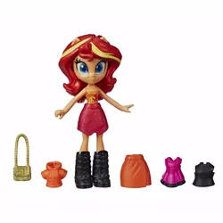 Size: 1000x1000 | Tagged: safe, derpibooru import, sunset shimmer, equestria girls, boots, clothes, doll, equestria girls minis, fashion squad, female, hoodie, photo, purse, shirt, shoes, simple background, skirt, smiling, toy, white background