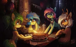 Size: 3050x1892 | Tagged: safe, artist:koviry, derpibooru import, oc, unofficial characters only, deer, deer pony, earth pony, original species, pegasus, pony, birthday, birthday cake, birthday candles, cake, candle, food, group, sitting, smiling, table